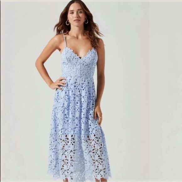 ASTR The Label Lace Overlay Blue Fit Flare Sleeveless Midi Eyelet Dress Sz M - Picture 3 of 12